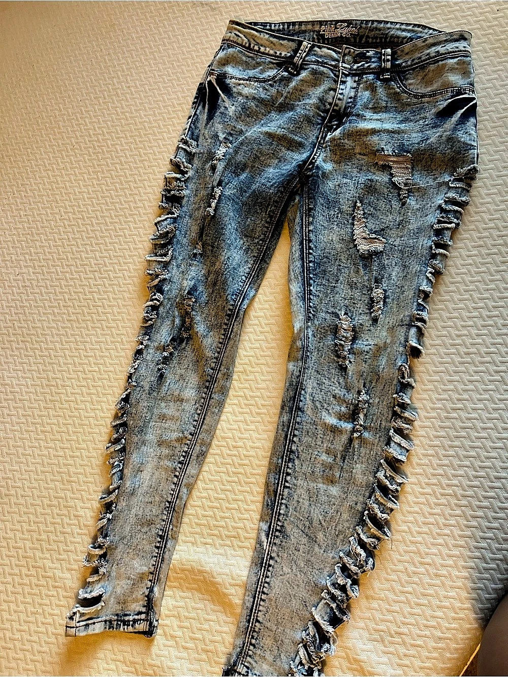 Pink Label Denim Co. Acid Wash Heavy Distressed Side Seam Skinny Jeans. Blue